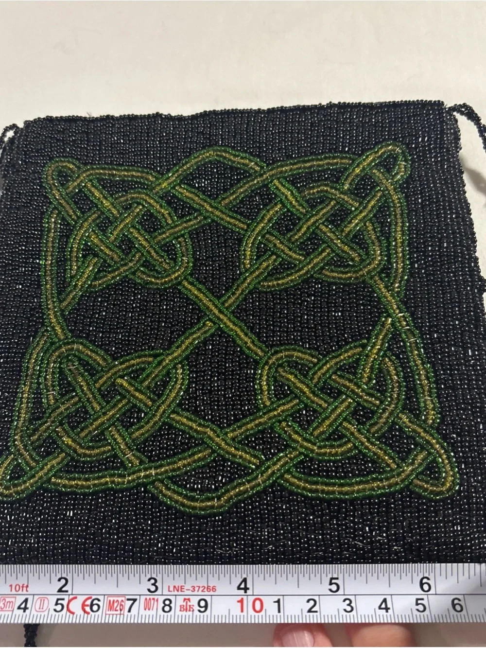 VTG Celtic Knot Purse 🍀 handmade Black Beaded with Green Celtic Knot Detail